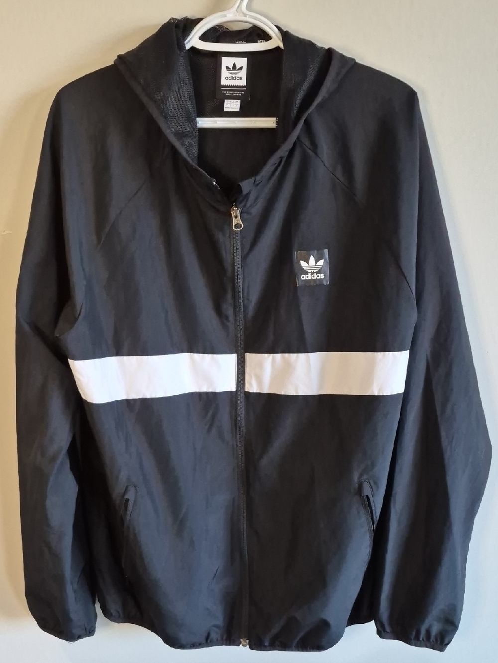 adidas Black Windbreaker with White Chest Stripe